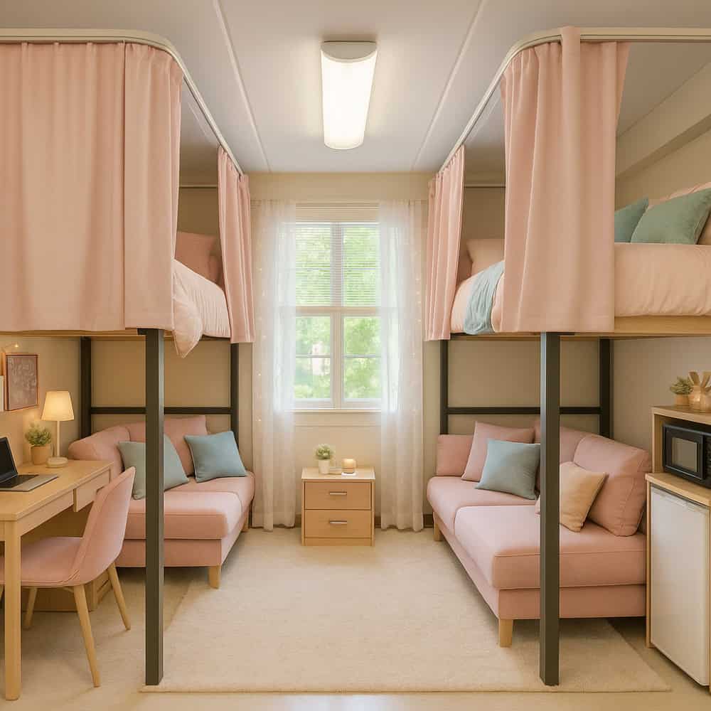 Stylish college dorm room with blush pink blackout privacy curtains, futons under lofted beds, cozy pastel bedding, and feminine decorative accents.