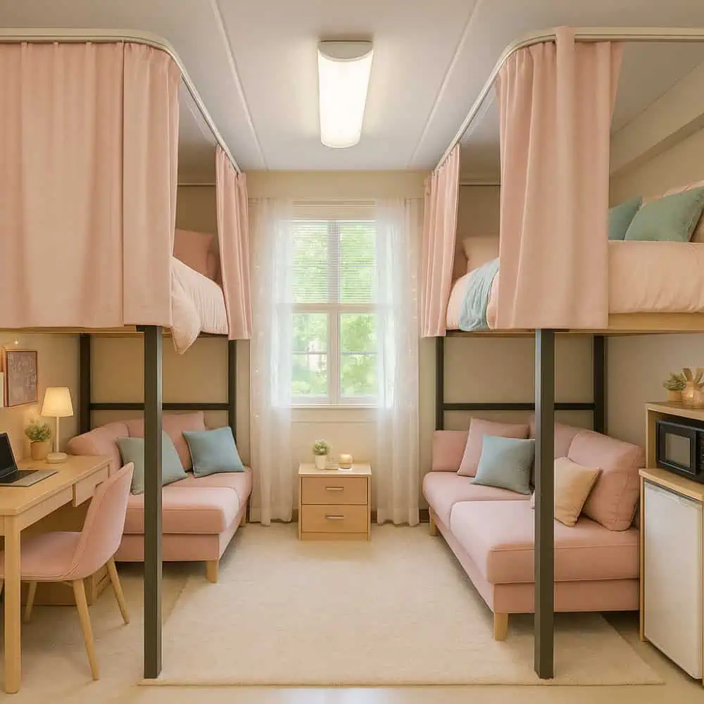 Stylish college dorm room with blush pink blackout privacy curtains, futons under lofted beds, cozy pastel bedding, and feminine decorative accents.