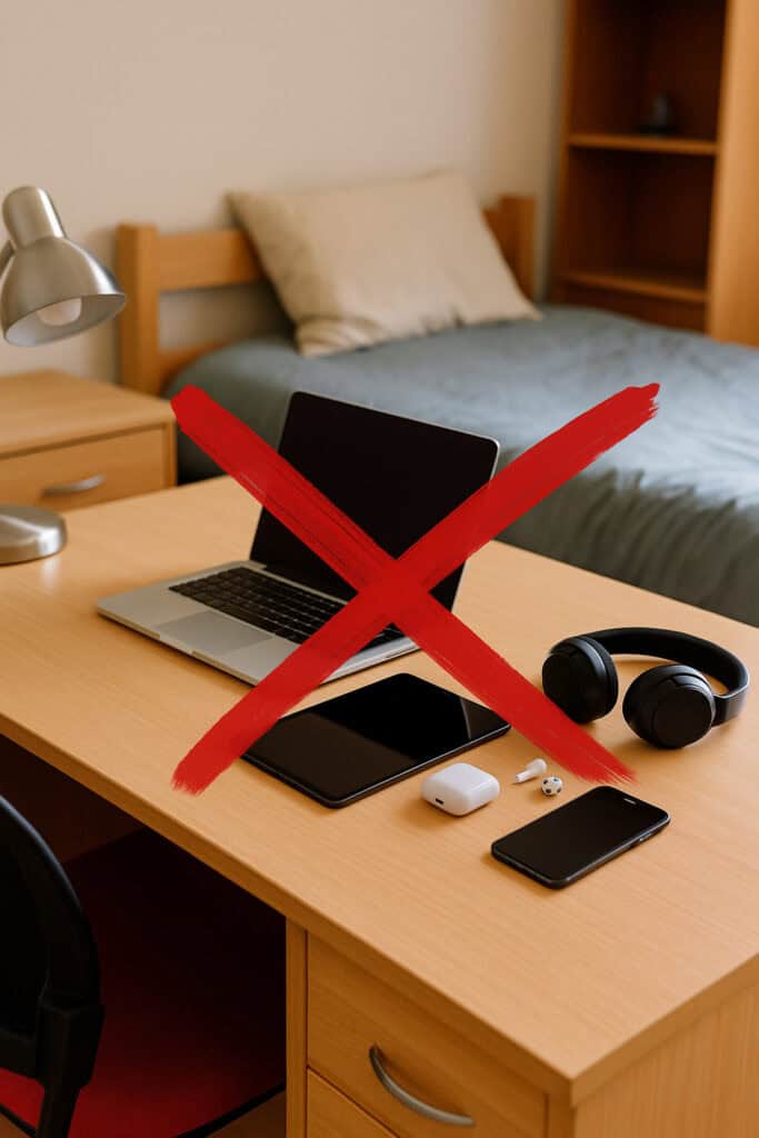 Dorm desk with valuable electronics including laptop, headphones, phone, tablet, and earbuds left in plain sight, marked with a large red X to indicate theft risk.