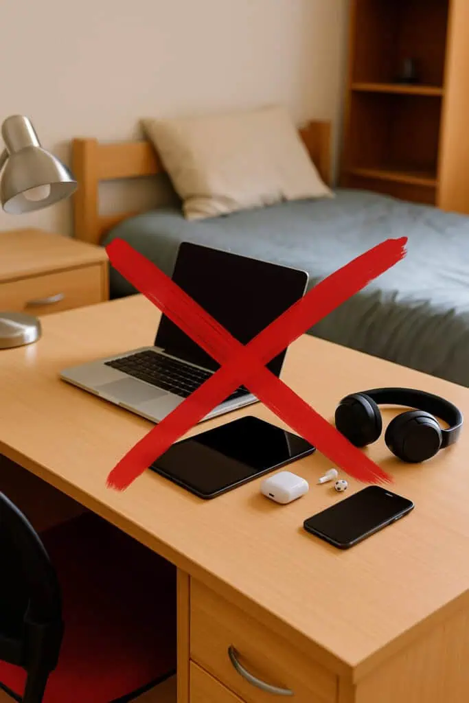Dorm desk with valuable electronics including laptop, headphones, phone, tablet, and earbuds left in plain sight, marked with a large red X to indicate theft risk.