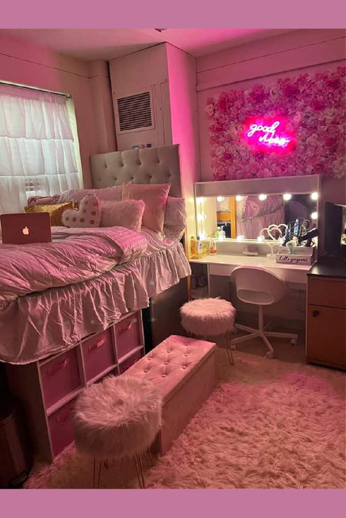 Dorm Room Ideas Pink dorm room with vanity and neon light wall decor