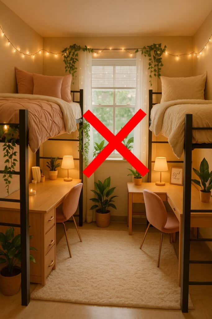 College dorm room with lofted beds, string lights, and sheer curtains, marked with a red X over the window to warn against forgetting blackout curtains for privacy and sleep.