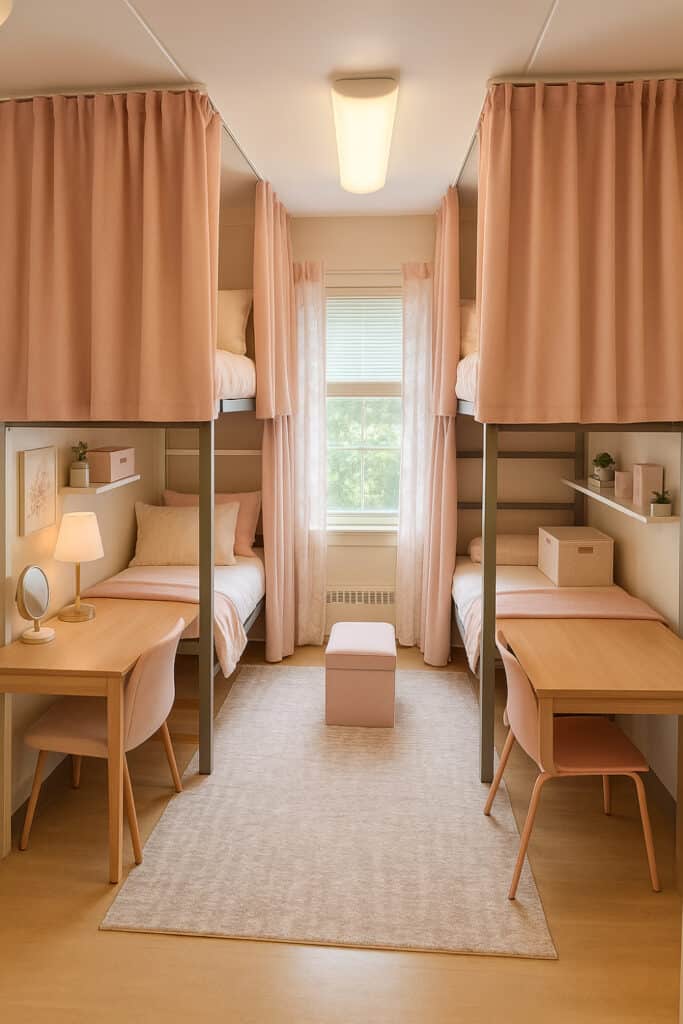 College dorm room with blush pink blackout privacy curtains surrounding a lofted bed, designed to block light and help reduce germ exposure from sick roommates.