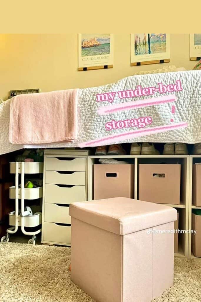 Dorm Room Storage and Organization ideas for lofted under bed essentials
