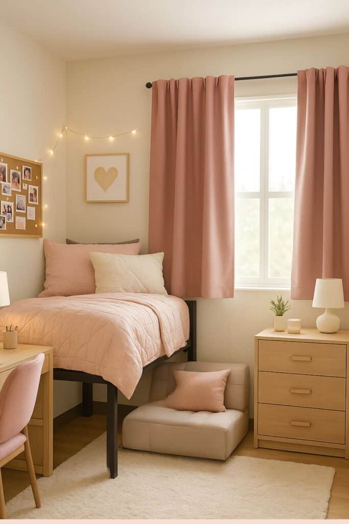College dorm room with lofted bed, light wood furniture, and blackout curtains on the window to block sunlight and provide privacy.