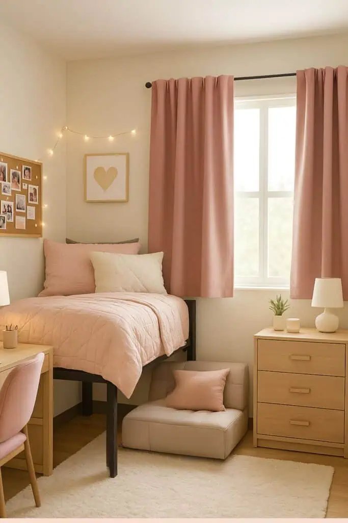 College dorm room with lofted bed, light wood furniture, and blackout curtains on the window to block sunlight and provide privacy.