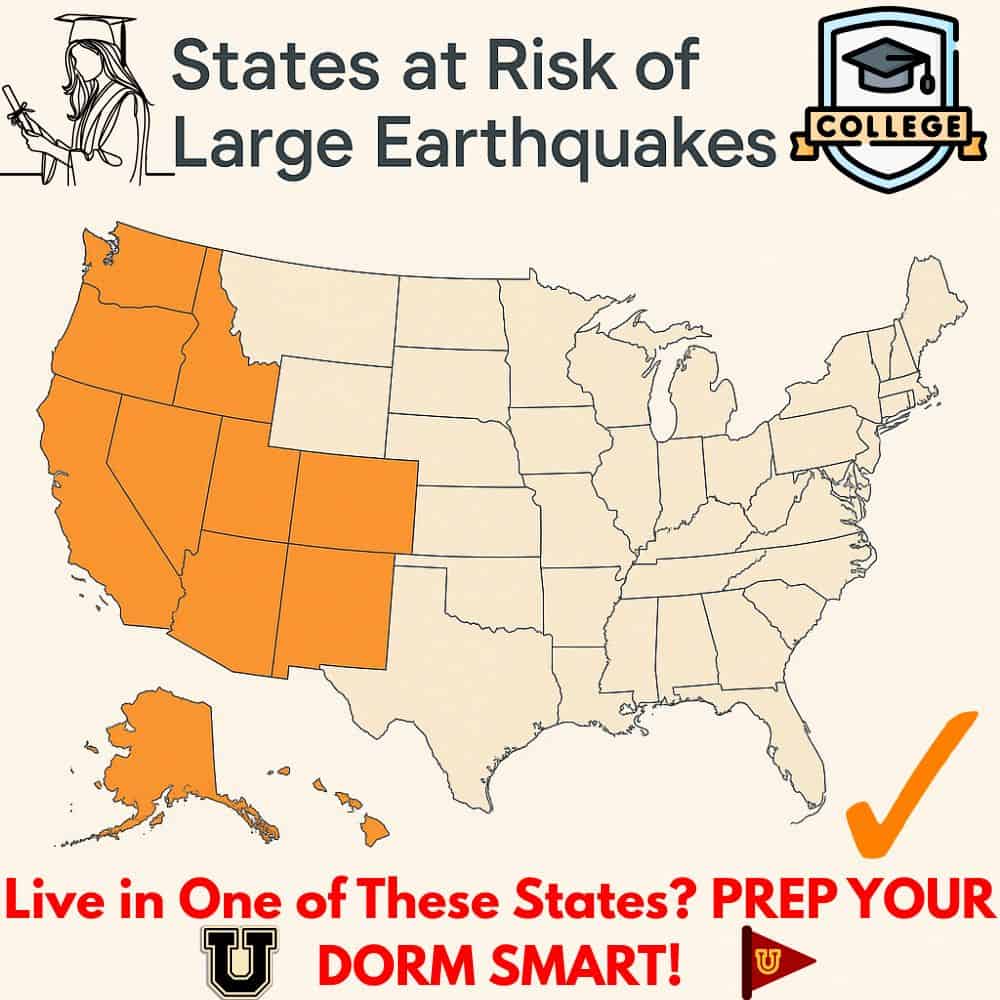 Map of U.S. states at risk of large earthquakes shown in peach pink tones with decorative icons and soft pastel design, ideal for dorm safety or emergency prep posts.