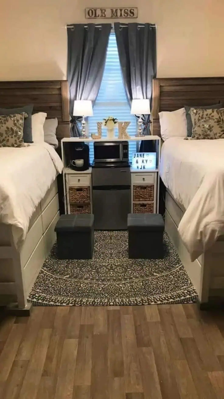 Ole Miss Dorm Room with two loft beds and a kitchenette in between