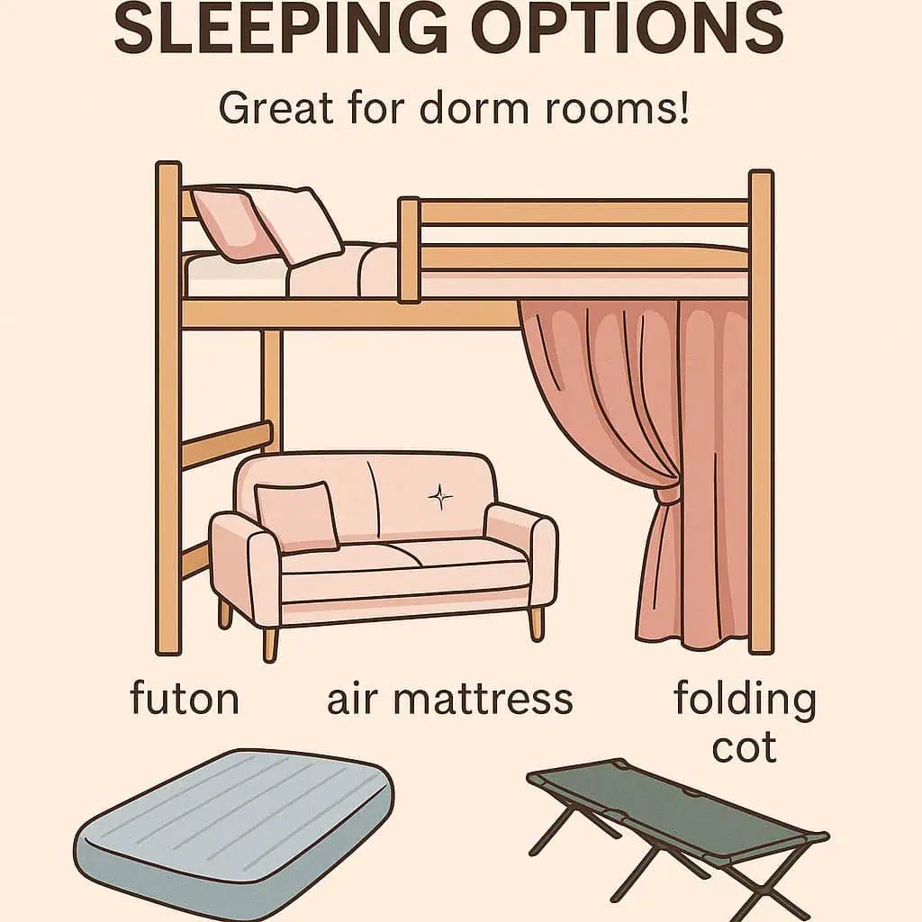 Infographic showing three under-bed sleeping options for dorm rooms — a futon, air mattress, and folding cot — displayed beneath a lofted bed with a privacy curtain.
