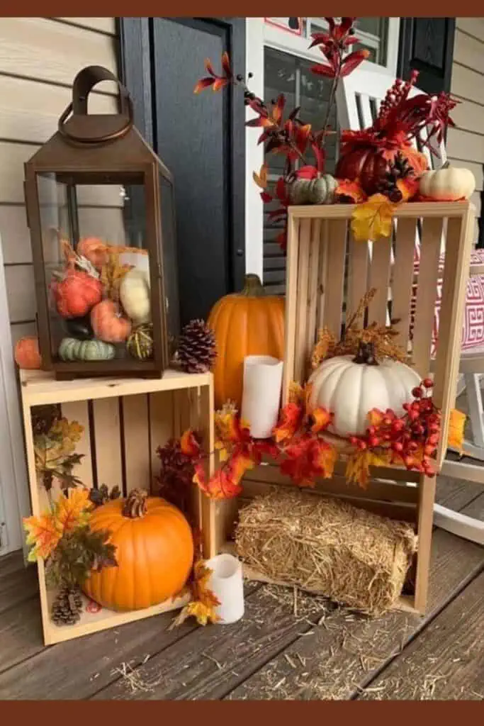 Easy Simple Fall Decor for the home and front porch using Pumpkin wood Crates and lantern