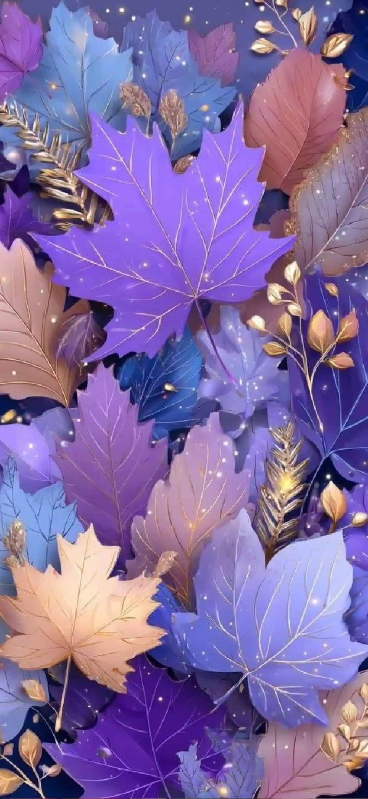A digital fall wallpaper featuring a collage of colorful autumn leaves in rich purples, golds, and blues with glowing highlights and sparkles. The dreamy, whimsical design creates a magical fall aesthetic, making it perfect for iPhone backgrounds, seasonal blog visuals, or Pinterest pins. Ideal for Hello Fall or autumn leaves-themed content.