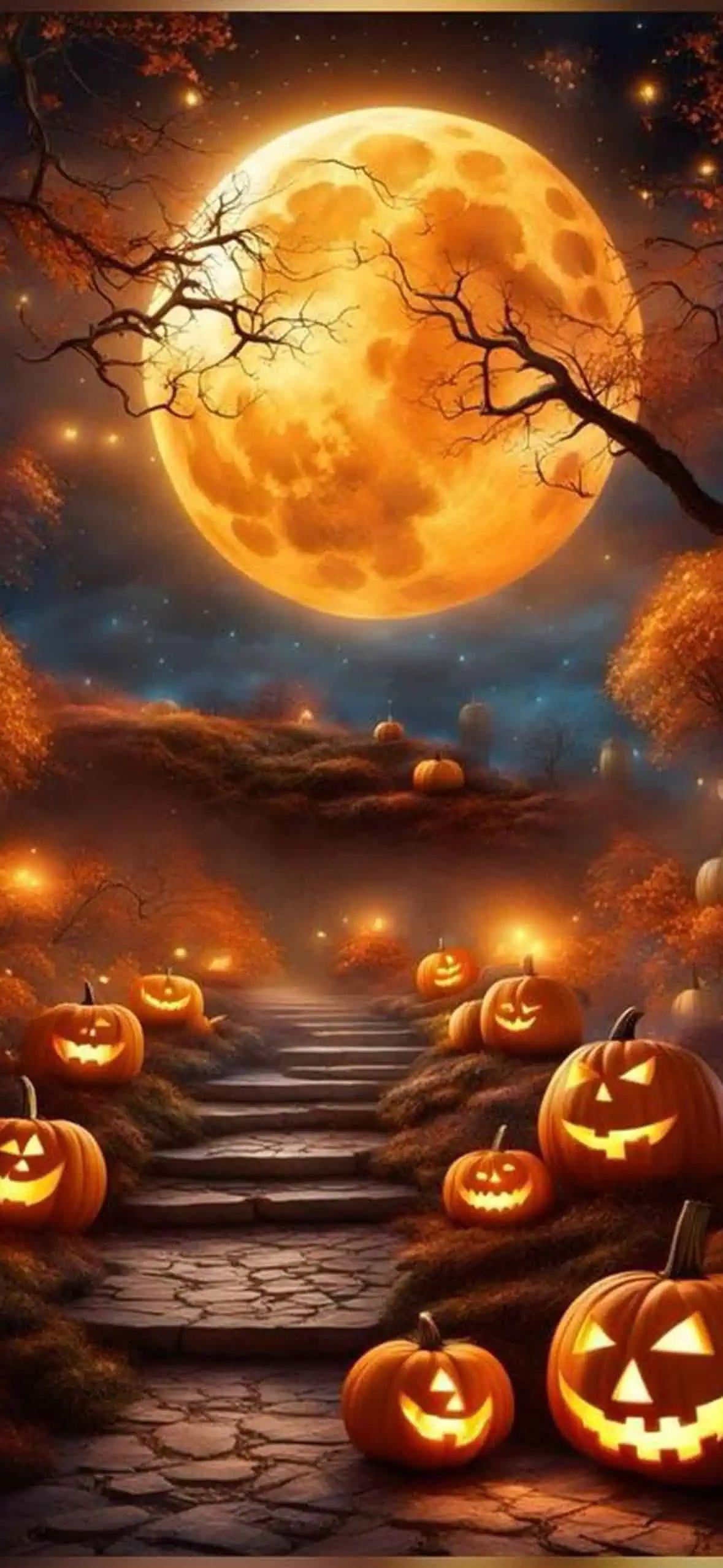 Glowing orange jack‑o’‑lanterns light a stone path beneath a huge harvest moon—moody, aesthetic Halloween night scene, perfect vertical iPhone wallpaper.