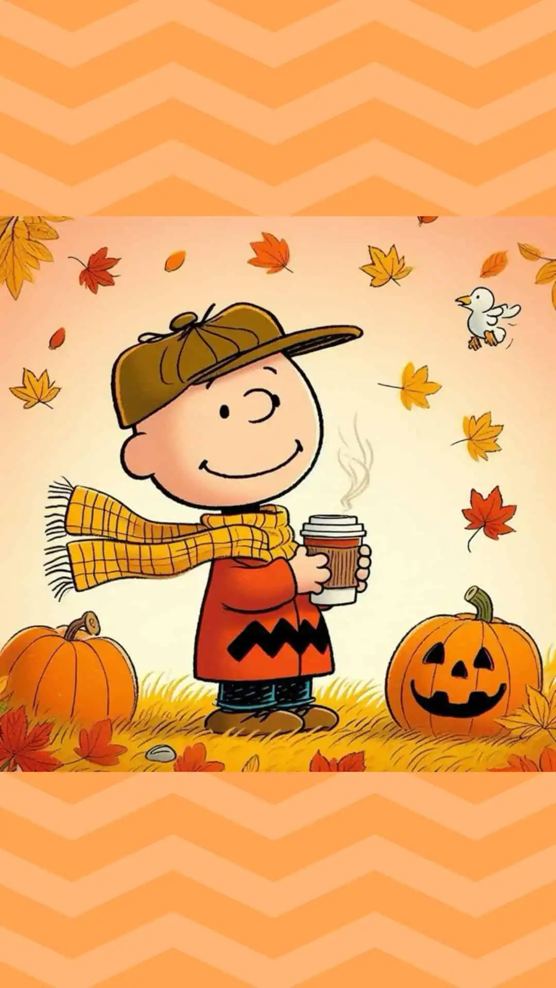 Charlie Brown fall iPhone wallpaper featuring pumpkins, falling leaves, and a warm coffee cup. Cute autumn Peanuts background with cozy orange tones, perfect for Halloween or Thanksgiving season.