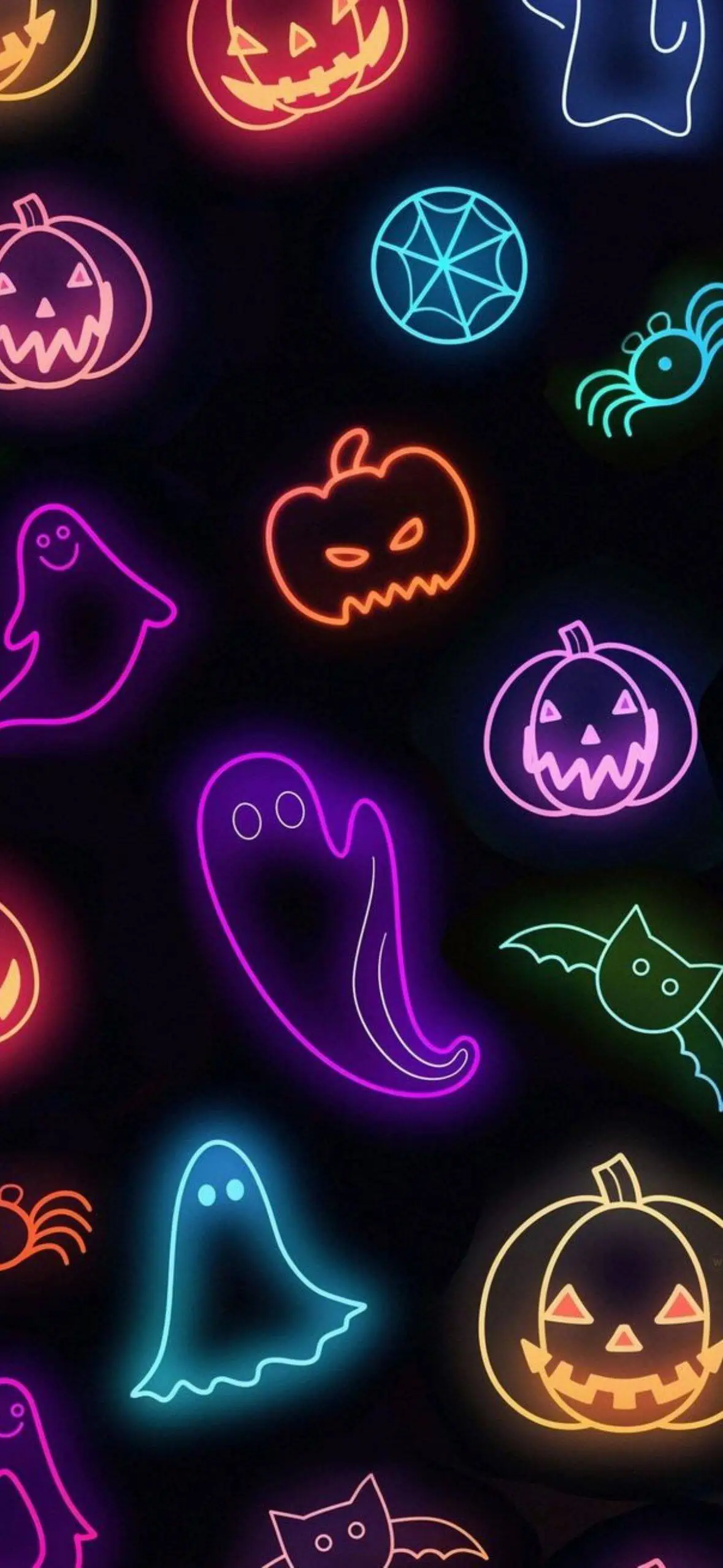 Cute black Halloween background featuring neon outlines of ghosts, pumpkins, bats, spiders, and cobwebs in bright glowing colors — festive Halloween iPhone wallpaper.