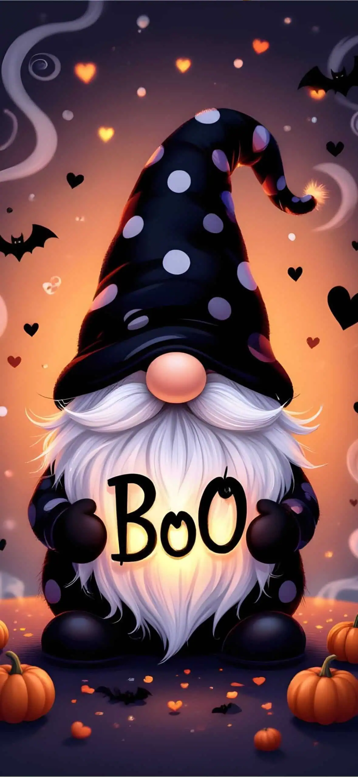 Cute Halloween gnome wallpaper holding a glowing Boo sign, wearing a polka dot witch hat with pumpkins and bats around. Fall aesthetic iPhone background.