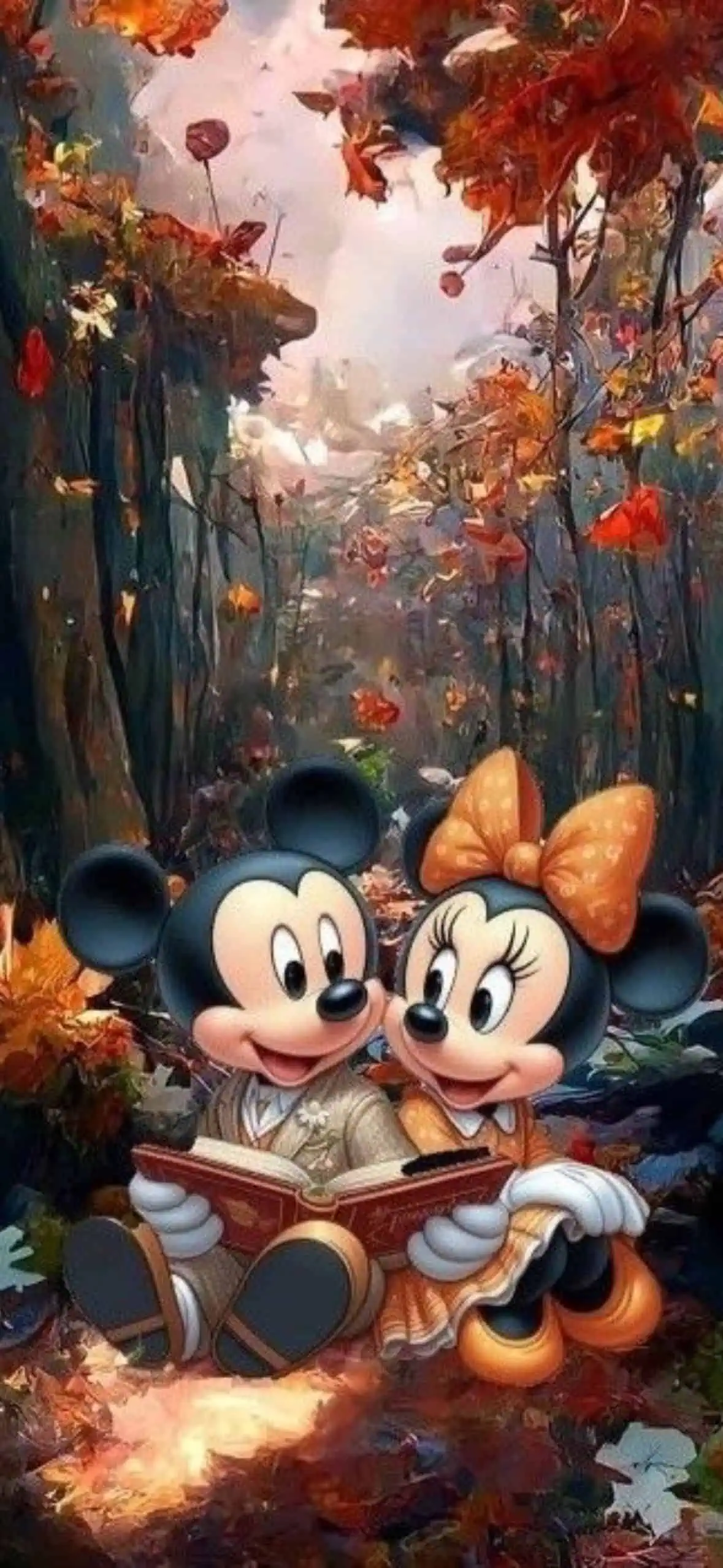 Disney fall wallpaper featuring Mickey and Minnie Mouse sitting together in an autumn forest, surrounded by falling leaves. Cozy fall iPhone wallpaper with warm seasonal colors.