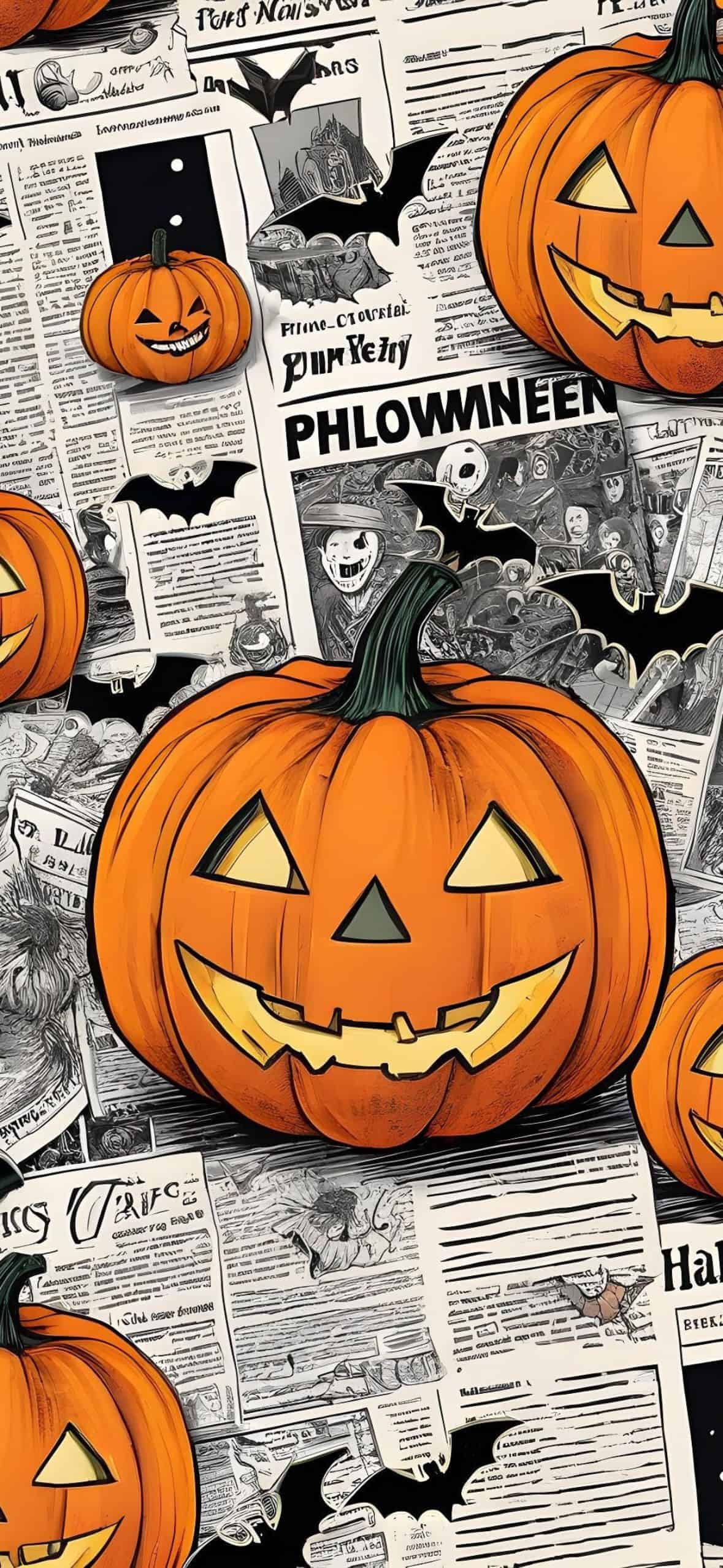 Halloween pumpkin wallpaper with glowing jack-o-lanterns, bats, and spooky newspaper background. Fall aesthetic iPhone background