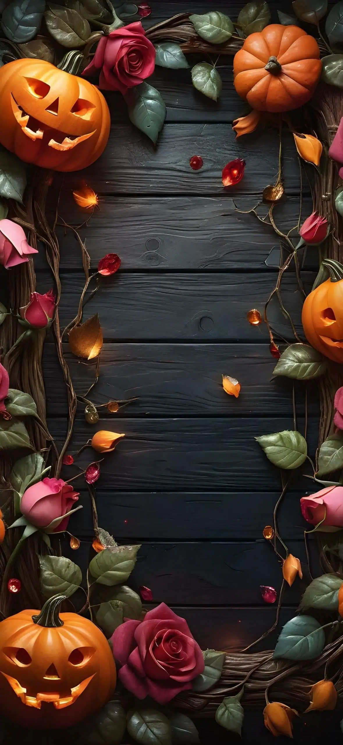 Halloween wallpaper with glowing jack-o-lanterns, roses, autumn leaves, and fairy lights on a dark wooden background. Cozy fall aesthetic iPhone background.