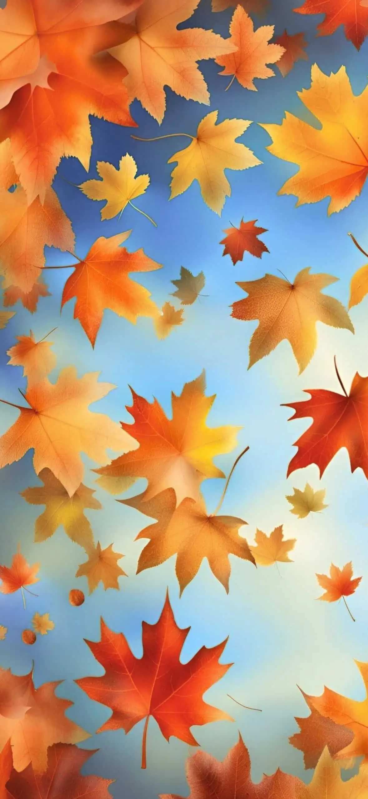 iPhone wallpaper with falling autumn leaves in shades of red, orange, and yellow against a September blue sky background.