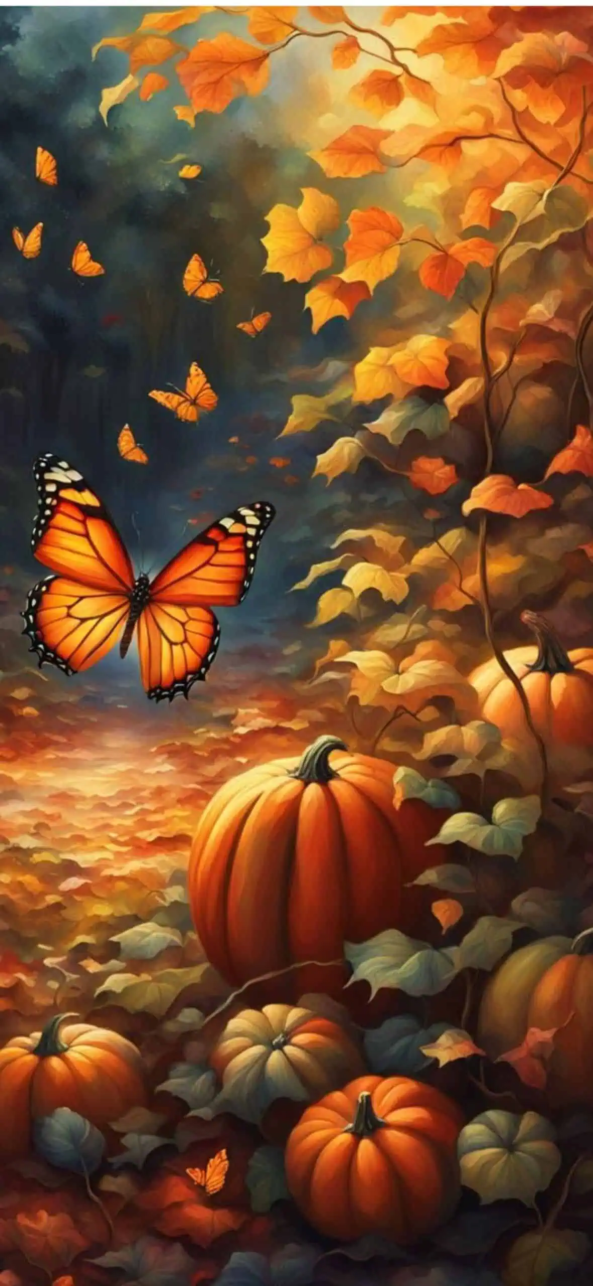Autumn scene with pumpkins, falling orange leaves, and monarch butterflies, creating a cozy fall aesthetic background.