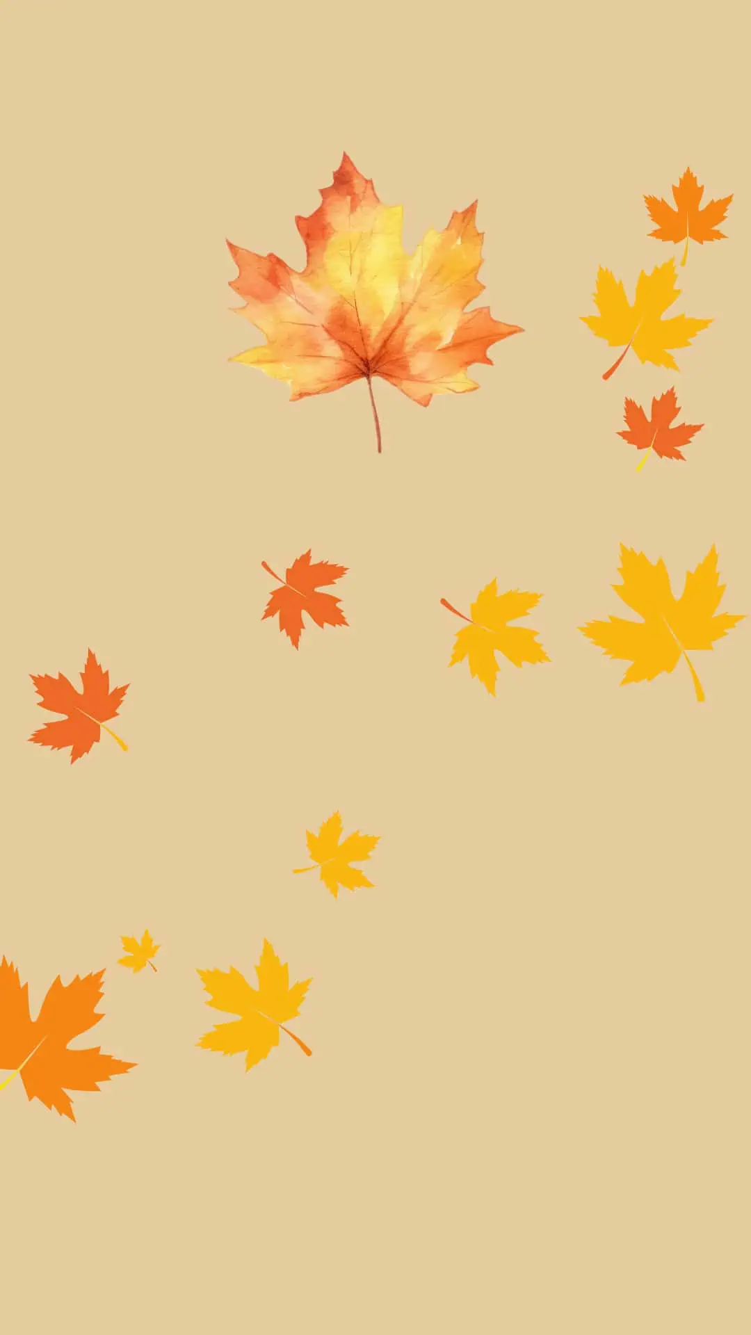 Minimalist fall iPhone wallpaper featuring a beige background with scattered orange and yellow autumn leaves. Simple and cozy fall aesthetic background.