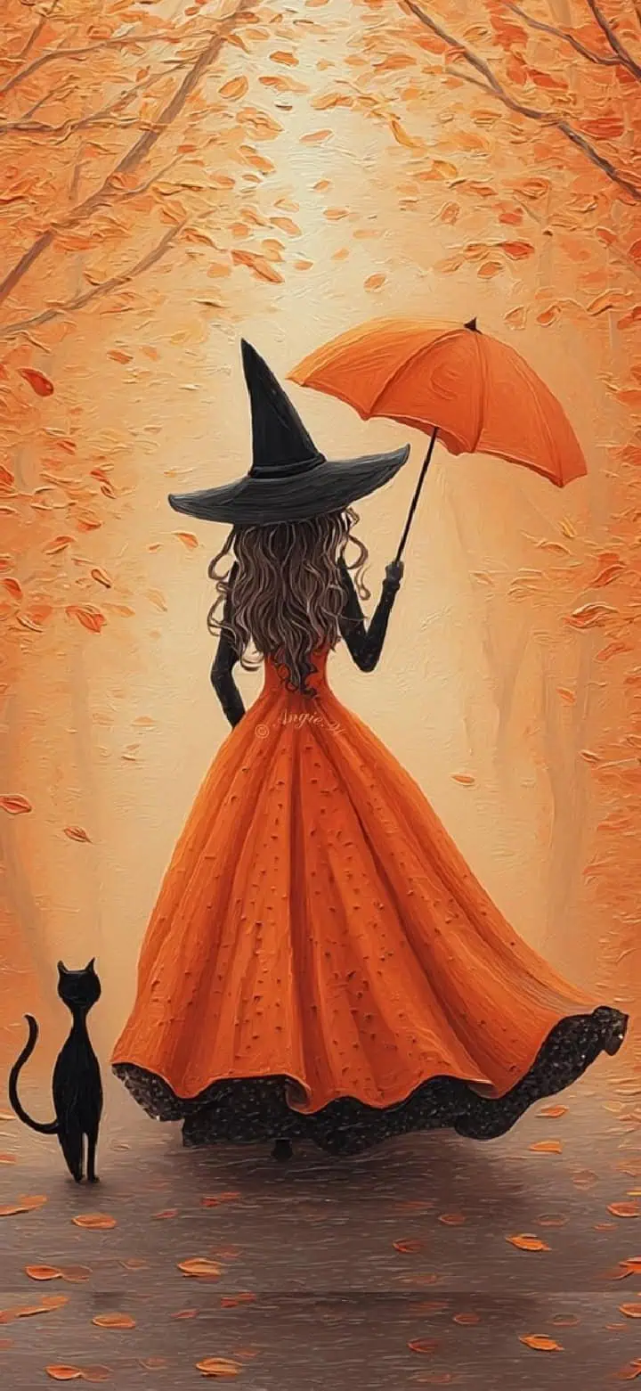 Digital illustration of a cozy autumn scene featuring a witch in a flowing orange dress and black hat holding an orange umbrella, walking through a forest filled with falling leaves. A black cat stands beside her as golden leaves swirl around. This peaceful fall aesthetic is perfect for Hello October or witchy autumn iPhone wallpapers, combining seasonal charm with Halloween magic.
