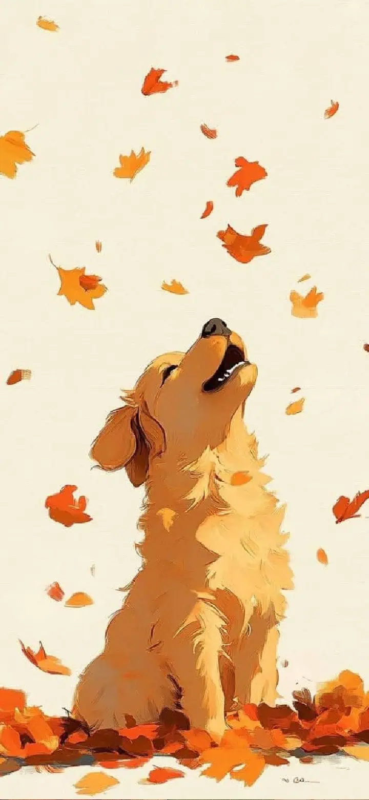 Illustrated golden retriever sitting among falling autumn leaves. Cute fall iPhone wallpaper for dog lovers.