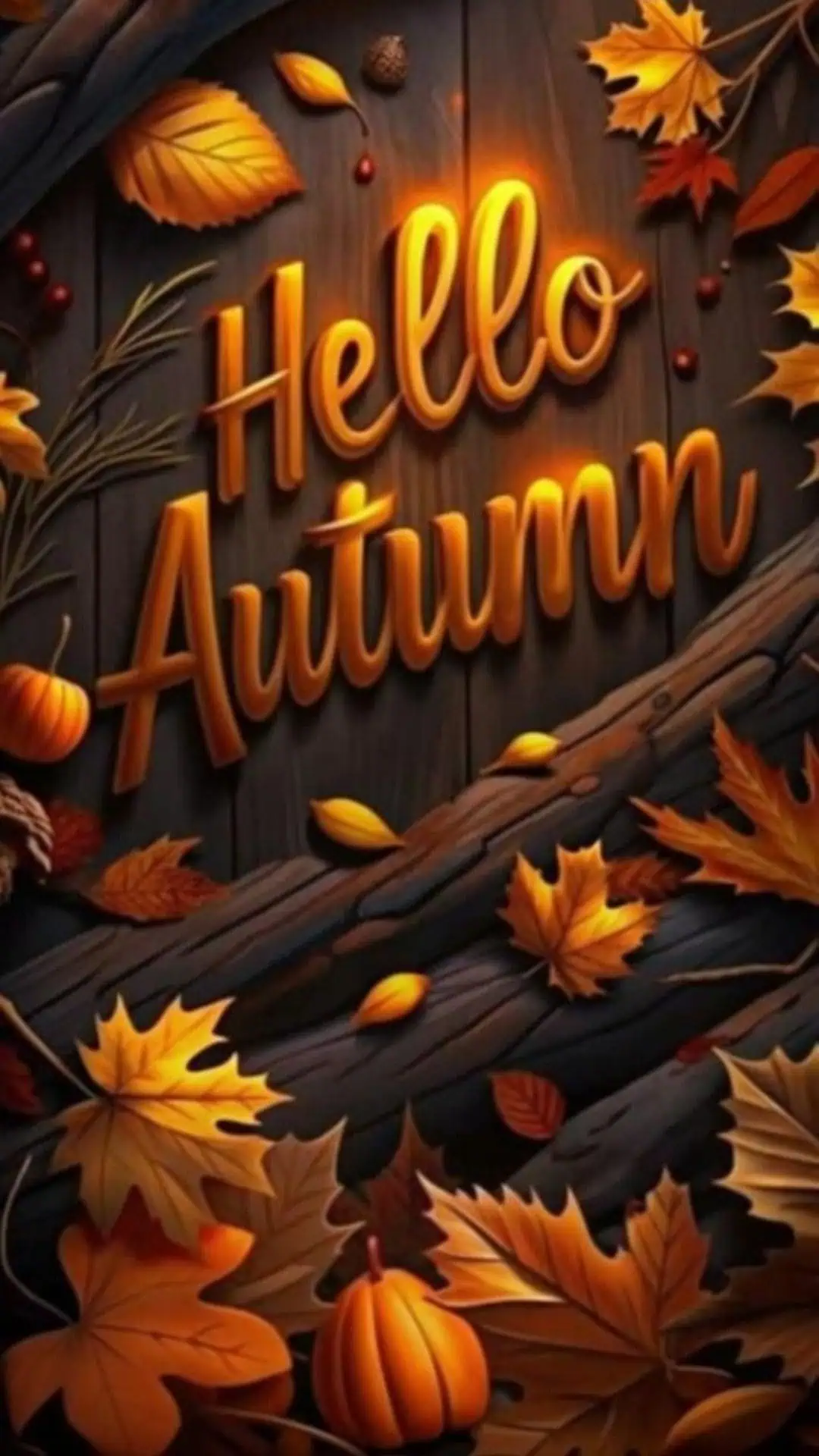 Hello Autumn fall wallpaper for iPhone featuring glowing orange text surrounded by pumpkins, autumn leaves, acorns, and a rustic wood background. Cozy seasonal design perfect for welcoming fall.