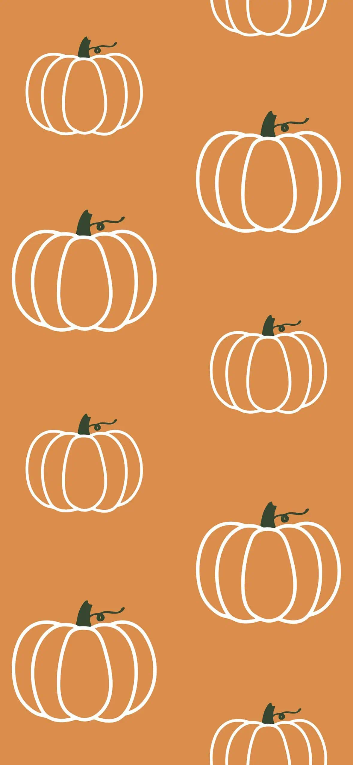 Orange fall wallpaper with minimalist white outline pumpkins and dark green stems. Cozy autumn aesthetic iPhone background.