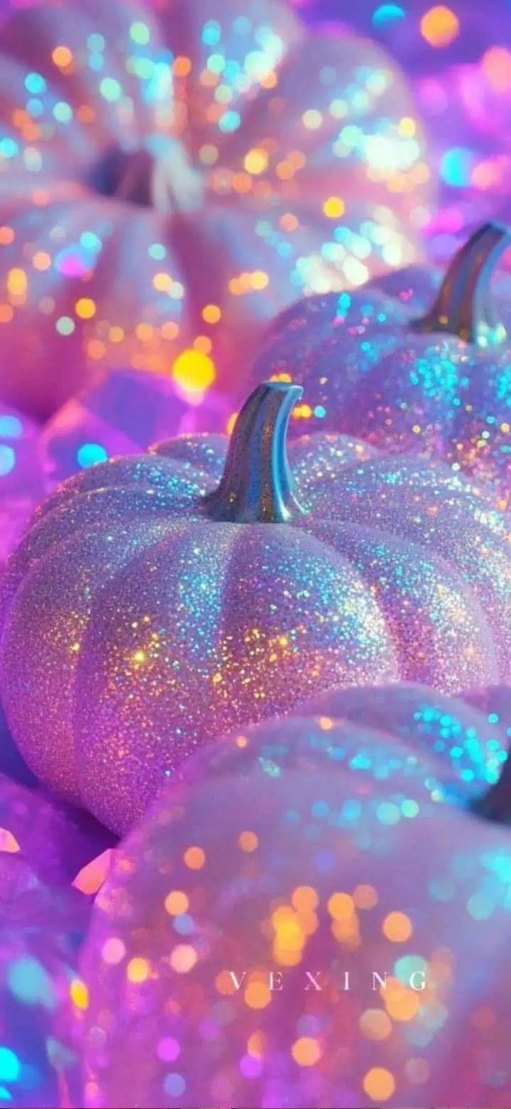 Sparkly pink and purple glitter pumpkins with glowing bokeh lights in the background. Aesthetic fall and Halloween wallpaper in pastel neon colors, perfect for seasonal phone backgrounds and festive décor inspiration.