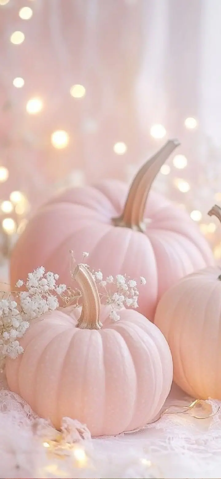 Pink Halloween wallpaper for iPhone featuring soft pastel pumpkins decorated with delicate white flowers and fairy lights. A cozy, feminine coquette Halloween background that combines spooky season charm with a pretty pink aesthetic.