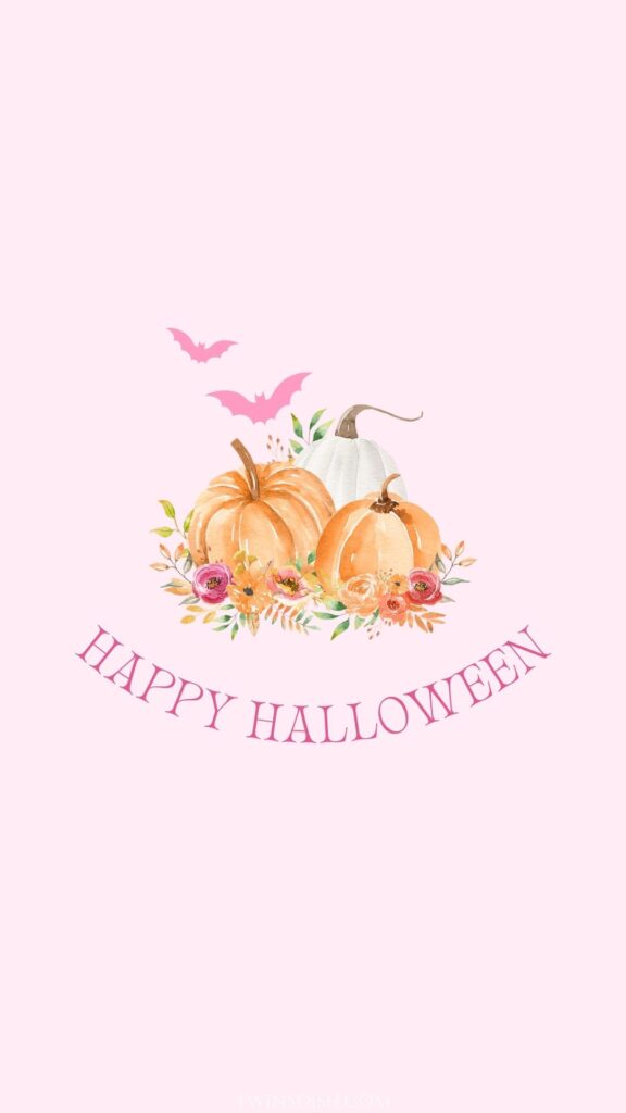 Pink Halloween wallpaper with watercolor pumpkins, flowers, bats, and Happy Halloween text