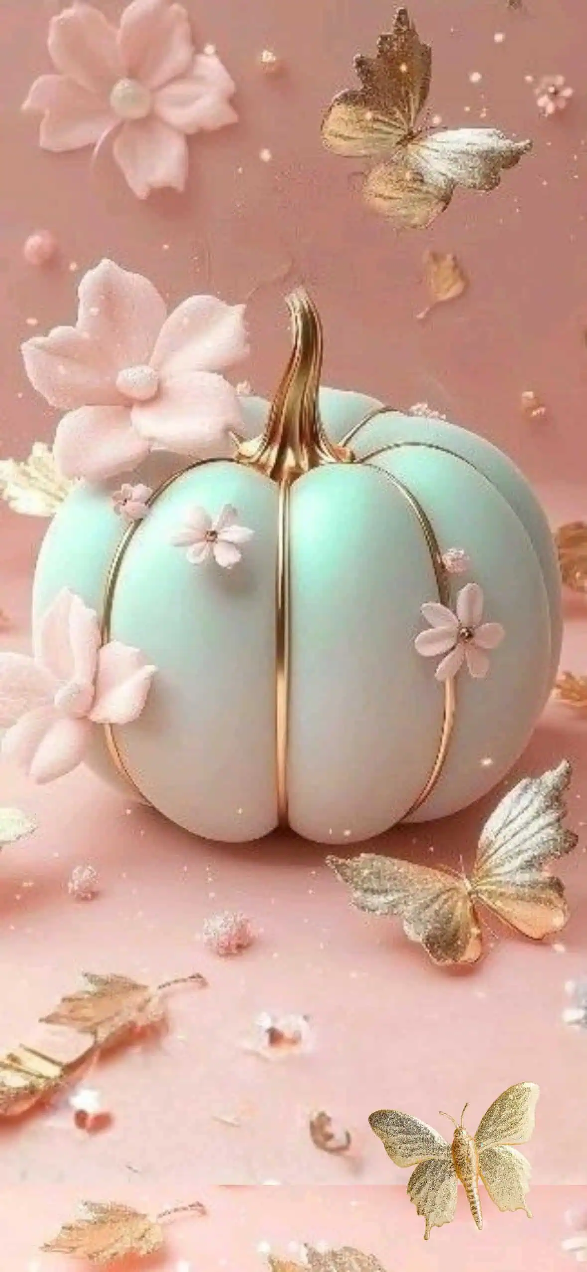 Pastel teal pumpkin with gold accents and pink flowers surrounded by gold butterflies on a blush pink background — elegant girly fall aesthetic wallpaper.