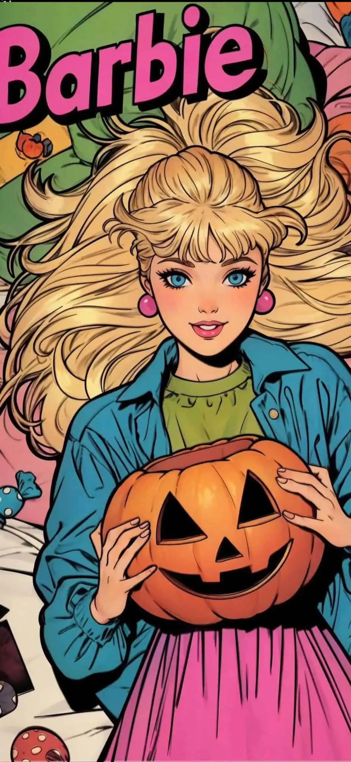 Retro Barbie Halloween wallpaper with blonde Barbie holding a carved pumpkin jack-o’-lantern. Vintage Halloween aesthetic iPhone background