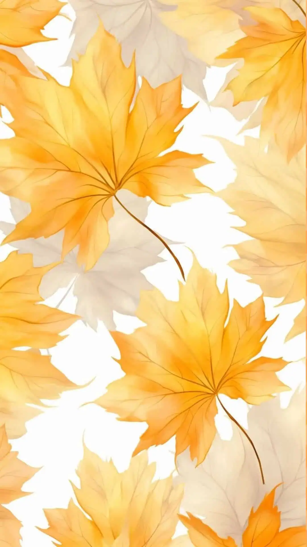 Autumn iPhone wallpaper with golden yellow and orange fall leaves on a white background. Cozy seasonal background perfect for September and fall wallpaper aesthetics.