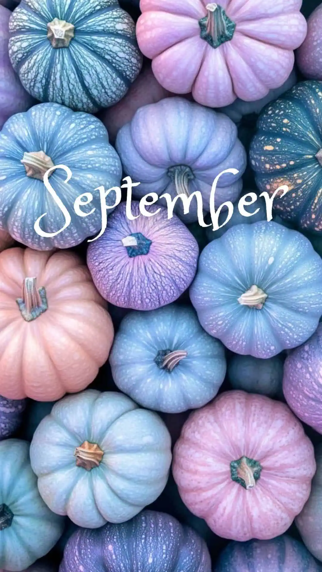 Stacked pastel pumpkins in blue, pink, and lavender tones, styled as whimsical fall and Halloween decor.