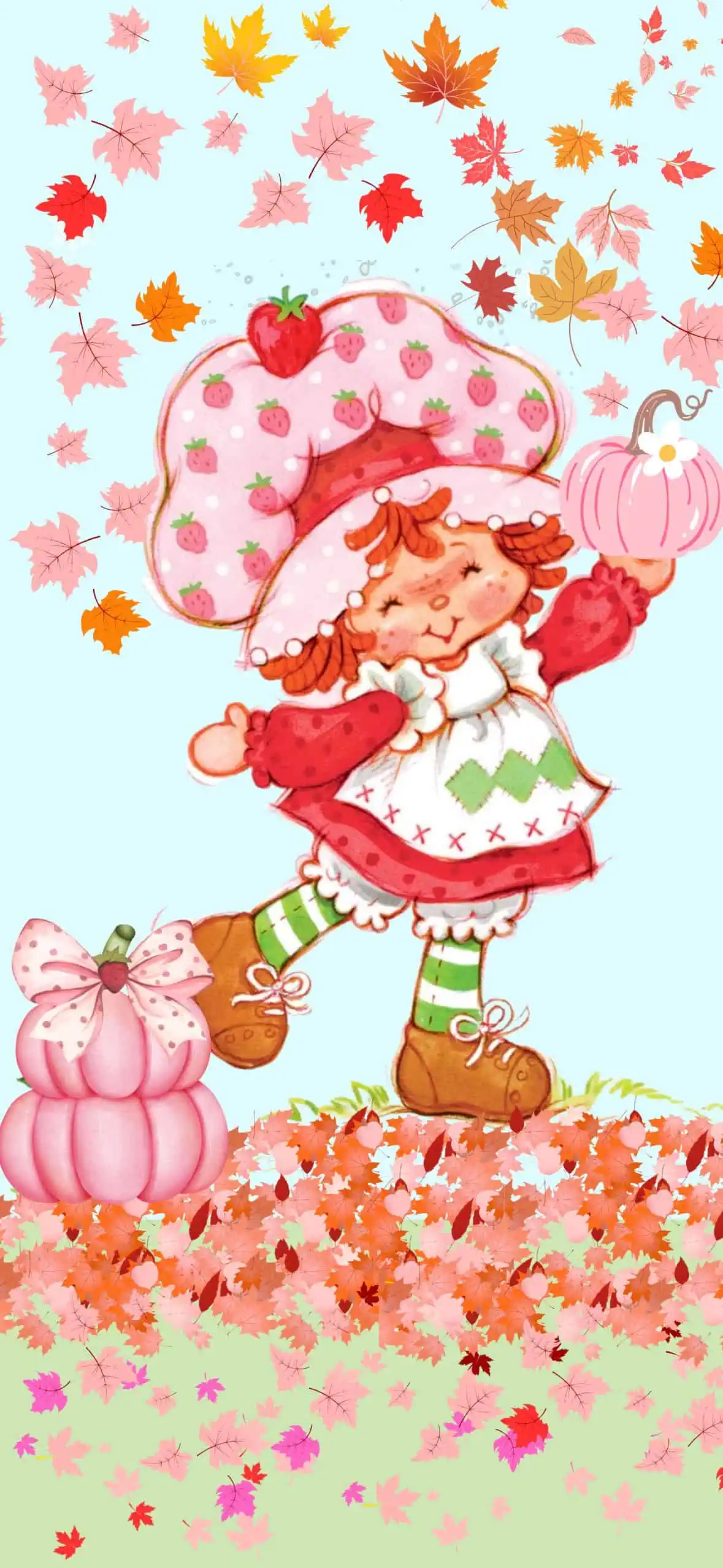 Strawberry Shortcake fall wallpaper with pumpkins, autumn leaves, and pastel colors. Cute cozy iPhone background for autumn aesthetic.