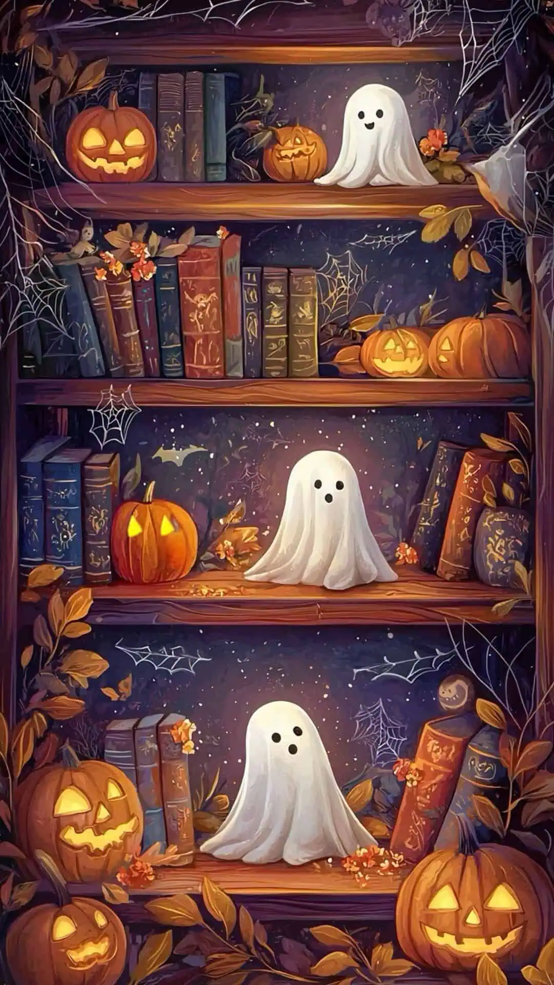 Vintage Halloween iPhone wallpaper with glowing pumpkins, cobwebs, enchanted bookshelves, and smiling little ghosts. Cozy fall phone background that’s perfect for spooky season and Halloween aesthetics.