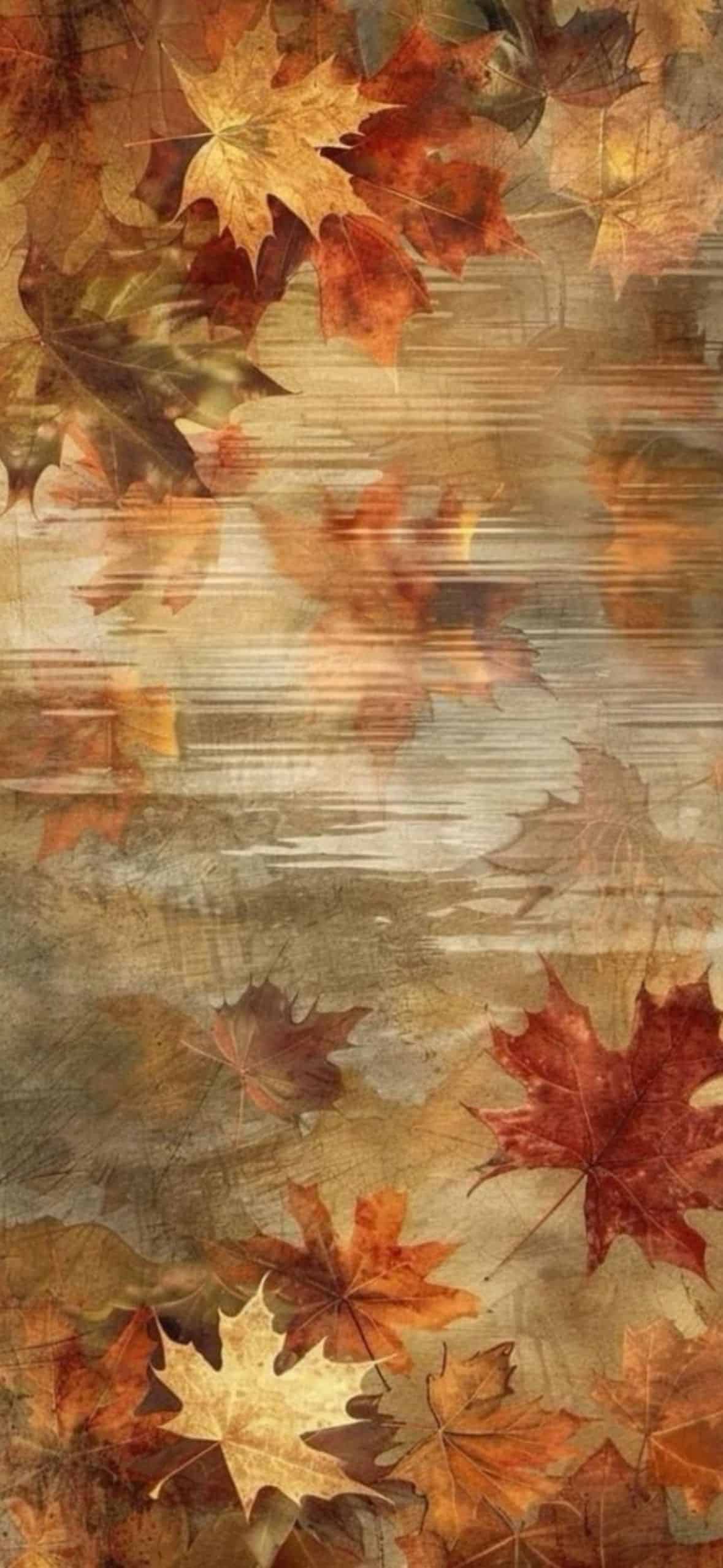 Vintage autumn wallpaper with falling red, orange, and golden maple leaves on a rustic textured background. Cozy fall iPhone wallpaper perfect for September and autumn aesthetics.