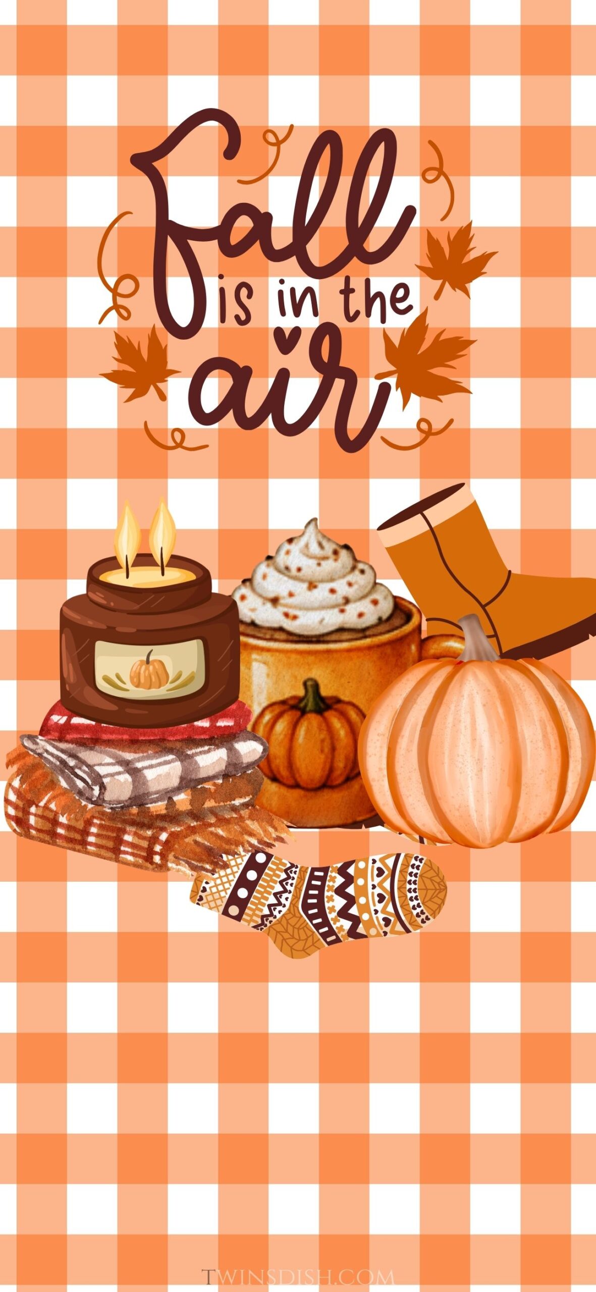 Aesthetic fall iPhone wallpaper with orange gingham background, pumpkins, candle, cozy blanket, fall boots, pumpkin spice drink, and autumn leaves.