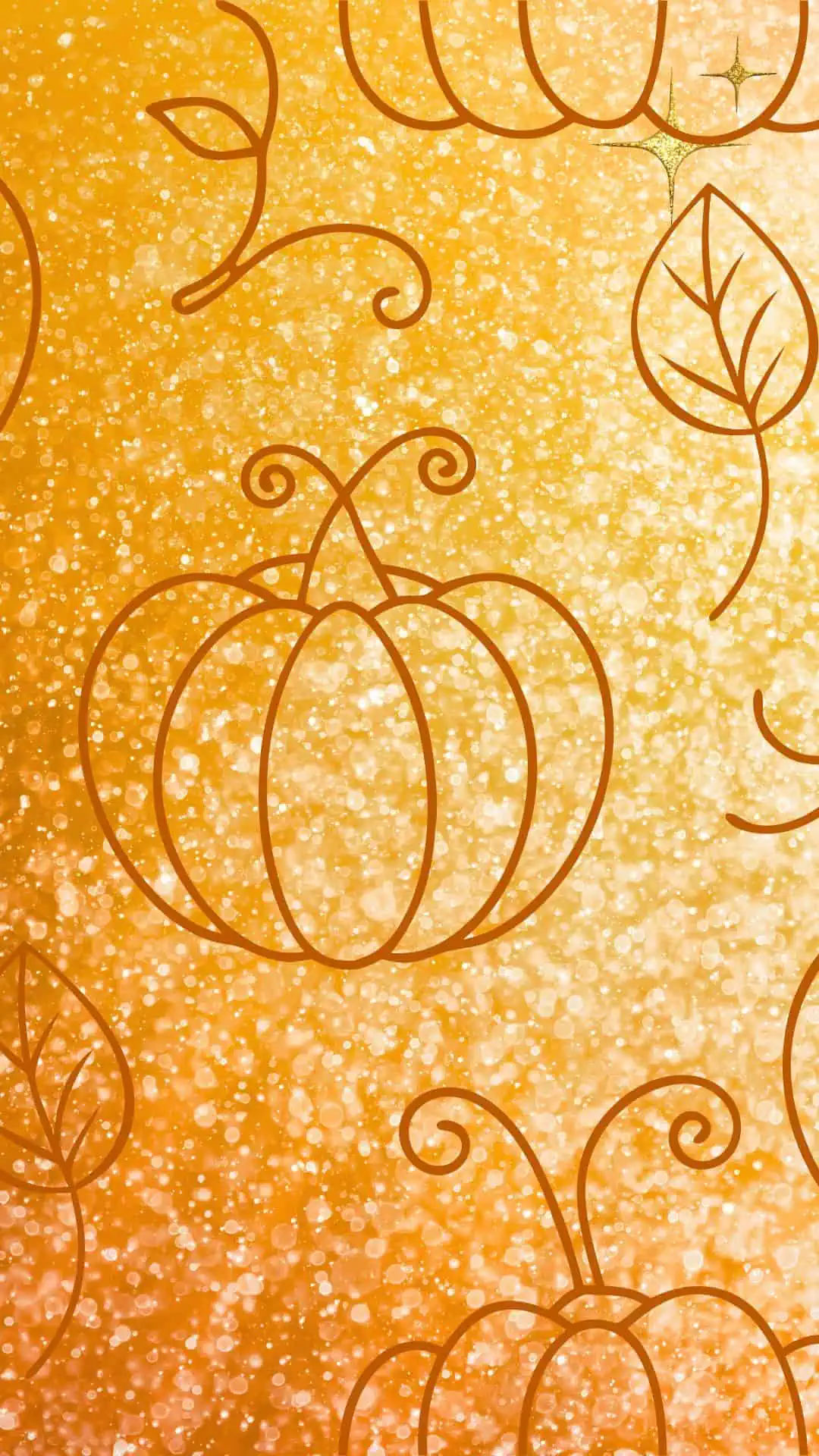 Sparkling orange pumpkin fall wallpaper background with glitter effect, autumn leaves and pumpkin outline design for iPhone