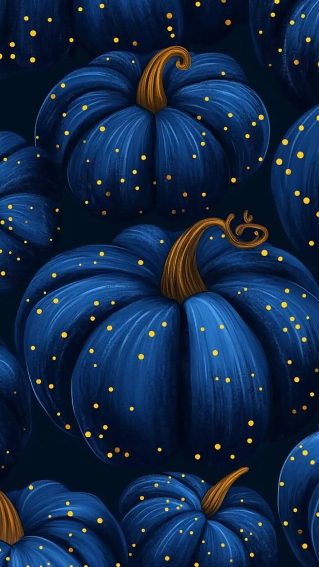 Digital illustration of glowing blue pumpkins with golden speckles, perfect for fall wallpapers, Halloween decor inspiration, or moody autumn aesthetic backgrounds.