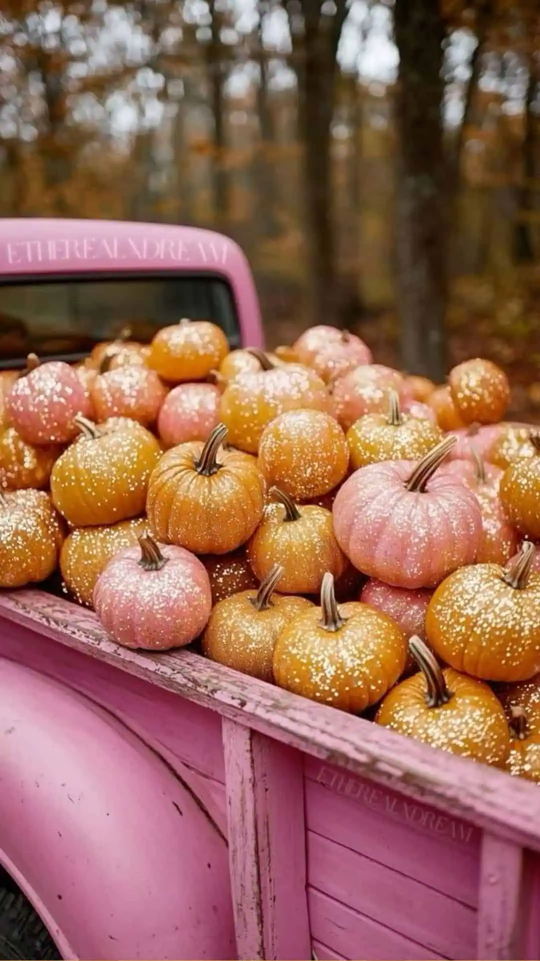 Rustic pink truck filled with sparkling glitter pumpkins in orange and pink, set against a cozy fall forest background.