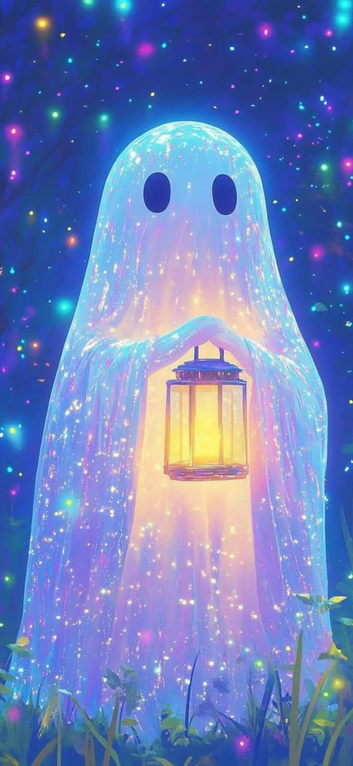 Cute glowing ghost wallpaper holding a lantern with sparkling lights and colorful background. Halloween aesthetic iPhone wallpaper for October.