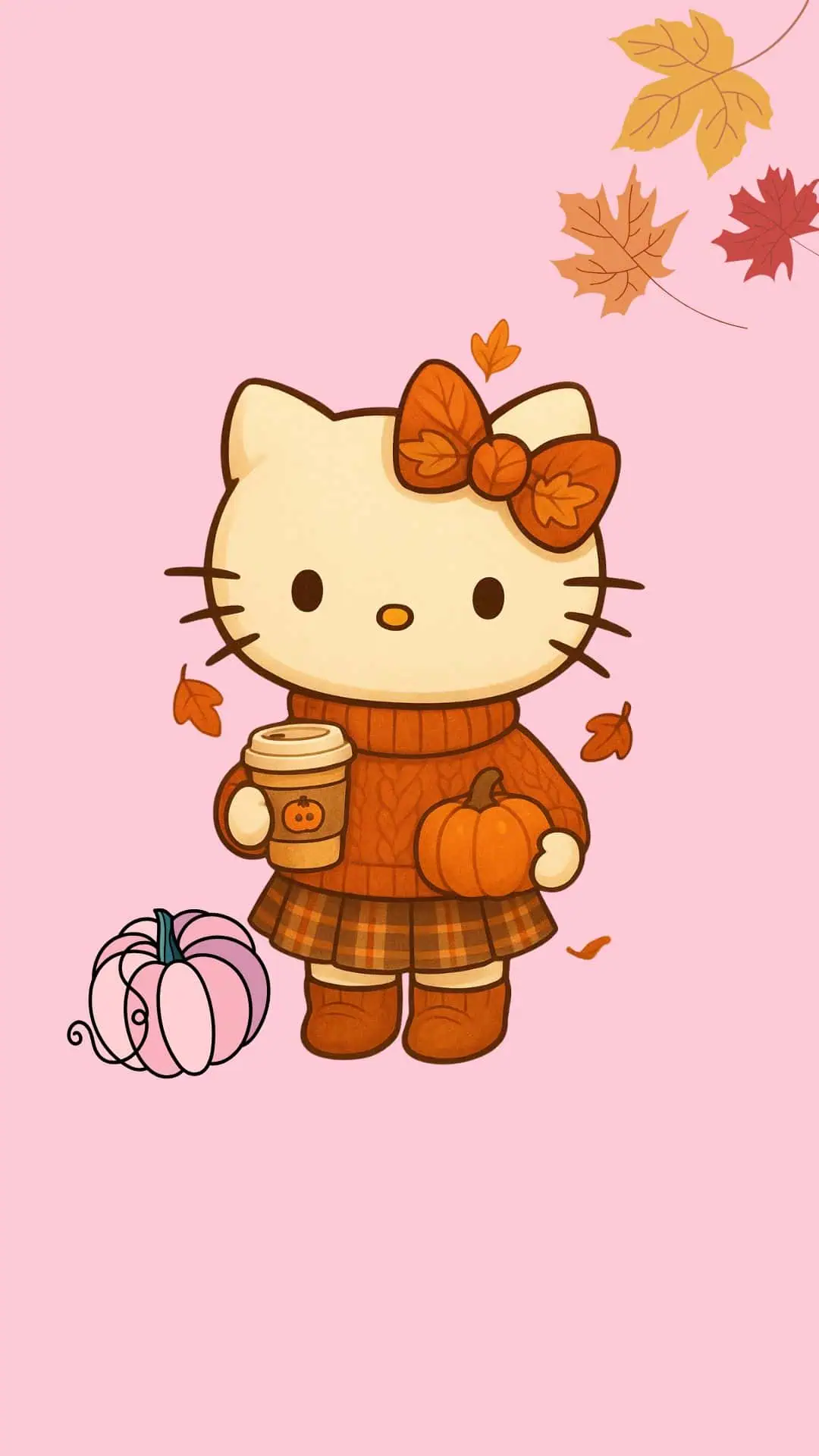 Hello Kitty fall wallpaper for iPhone with a pink background, showing Hello Kitty in autumn clothes holding a pumpkin and latte, surrounded by leaves and a pink pumpkin.