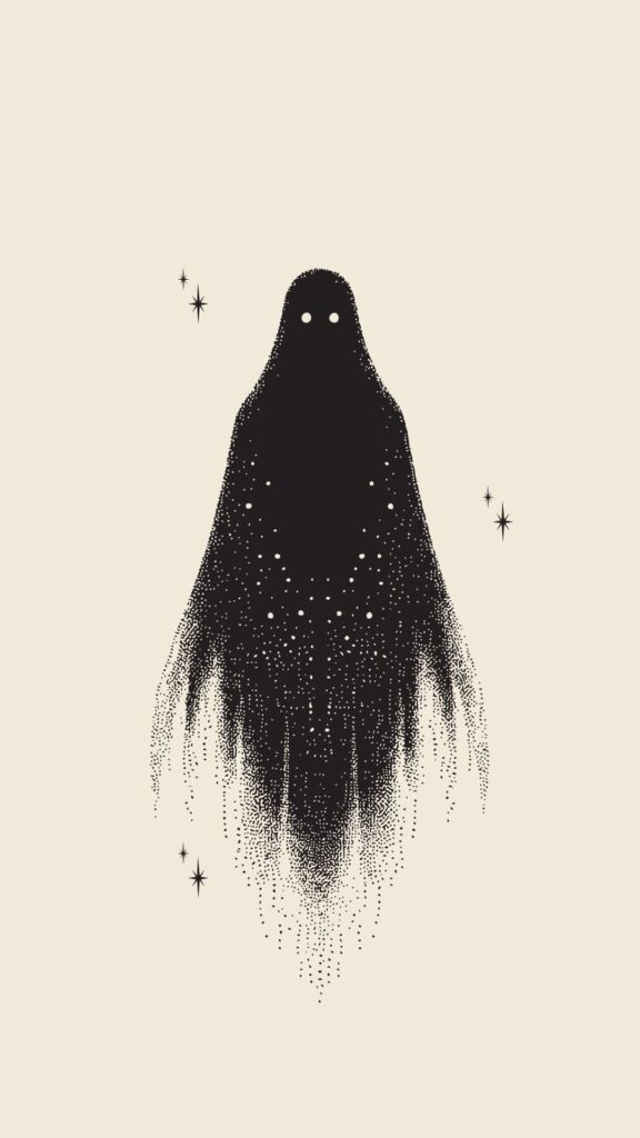 Minimalist Halloween iPhone wallpaper featuring a spooky black ghost with glowing eyes and small star accents on a warm cream background.