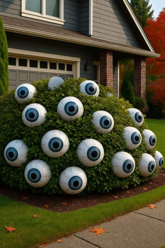 Large Halloween eyeballs sticking out of a bush in front of a house as an easy and spooky DIY Halloween yard decoration.