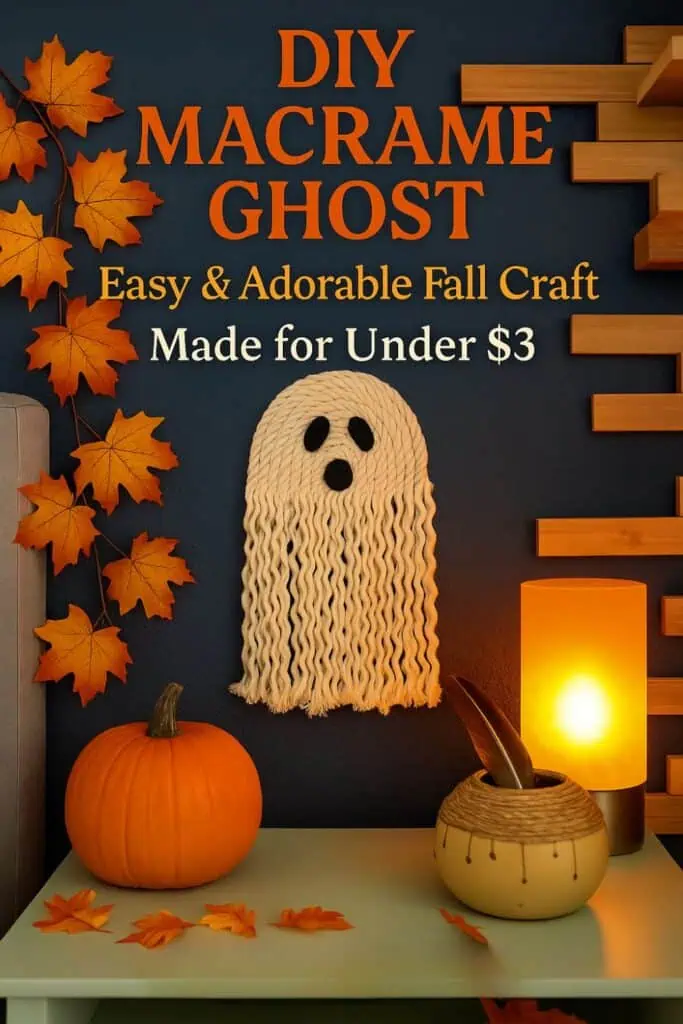 DIY macrame ghost wall hanging with fall leaves and pumpkin — budget-friendly Halloween craft made for under $3, featured in a fall decor roundup by Twins Dish