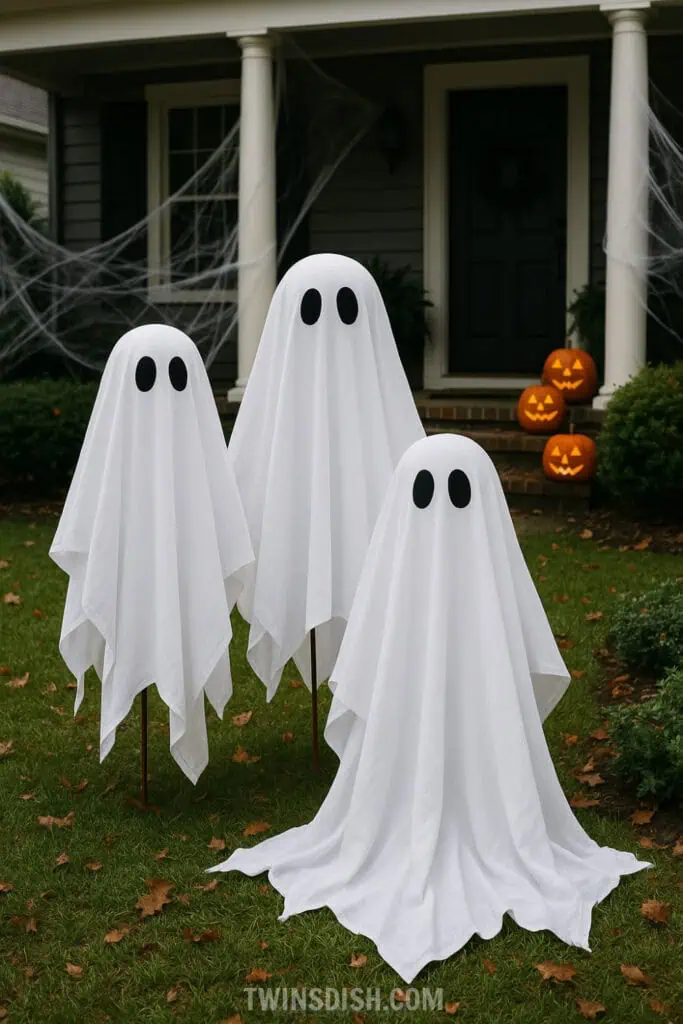 Easy DIY Lawn Ghosts made with Dollar Tree or repurposed household items for the outdoor lawn yard or front porch