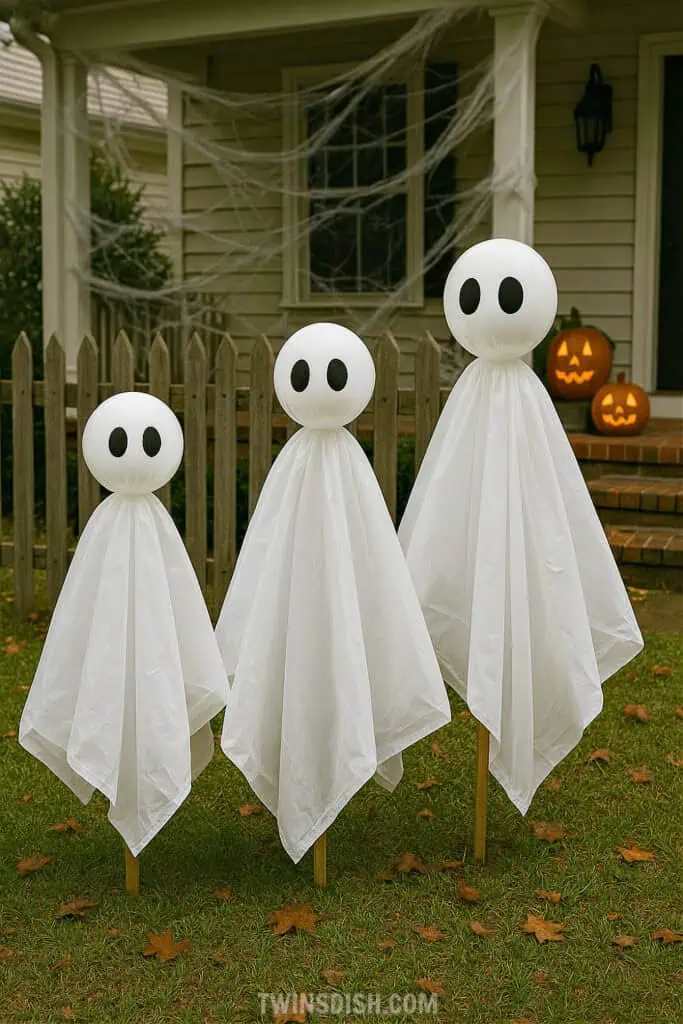 Easy DIY Lawn Ghosts made with Dollar Tree or repurposed household items for the outdoor lawn yard or front porch. Spooky for kids not scary.